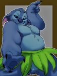  2021 3:4 4_fingers alien anthro anthrofied belly black_claws blue_body blue_eyes blue_fur blue_nose blue_pawpads claws disney experiment_(lilo_and_stitch) featureless_crotch fingers fur grass_skirt justhshu lilo_and_stitch male musclegut outline pawpads pecs simple_background smile solo stitch_(lilo_and_stitch) 