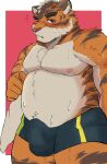  2021 absurd_res anthro belly blush bodily_fluids bulge clothed clothing erection erection_under_clothing felid fur hi_res kemono male mammal orange_body orange_fur overweight overweight_anthro overweight_male pantherine solo sweat tiger tiger_029 underwear white_body white_fur 