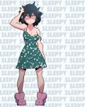  1girl arm_up black_hair breasts cleavage dress english_text green_dress looking_at_viewer lucia_(scott_malin) medium_breasts medium_hair messy_hair original patterned_background print_dress scott_malin slippers solo strap_slip tired 