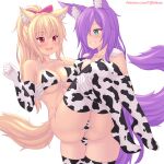  2girls :d animal_ear_fluff animal_ears animal_print ass asymmetrical_docking bangs bikini blonde_hair breast_press breasts carrying cleavage collarbone commentary covered_nipples cow_print cowboy_shot elbow_gloves eye_contact eyebrows_visible_through_hair fang front-tie_bikini front-tie_top gloves grin hair_over_one_eye hand_on_another&#039;s_shoulder highres kurona_reole large_breasts long_hair looking_at_another multicolored multicolored_bikini multicolored_clothes multicolored_gloves multiple_girls nottytiffy open_mouth original patreon_username ponytail princess_carry purple_hair red_eyes slit_pupils smile swimsuit teeth thighhighs thighs tiffy_(nottytiffy) yuri 