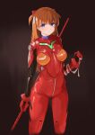  1girl absurdres arm_wrap bangs blue_eyes bodysuit bow breasts dark_background gloves hair_bow highres holding holding_weapon long_hair looking_at_viewer neon_genesis_evangelion orange_hair painnico plugsuit red_bodysuit red_bow red_gloves shikinami_asuka_langley simple_background solo souryuu_asuka_langley standing weapon 