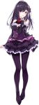  black_footwear black_hair commentary_request dress flower garnet_(lapis_re:lights) hair_ornament hand_on_own_chin highres lapis_re:lights long_hair looking_at_viewer official_art open_mouth pantyhose purple_dress purple_eyes purple_legwear red_flower red_rose rose standing 