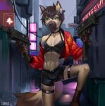  2019 5_fingers absurd_res anthro biped black_bottomwear black_clothing black_nose black_shorts black_topwear bottomwear brown_body brown_fur brown_hair building canid canine canis city city_background cityscape clothed clothing corvus_(artist) crop_top detailed_background digital_media_(artwork) dipstick_tail eyebrows fingers fishnet fishnet_legwear fluffy fluffy_tail fur girly green_eyes gun hair hi_res holding_gun holding_object holding_weapon hotpants jacket legwear mac-10 male mammal matthew_(articwuff) midriff multicolored_body multicolored_tail outside ranged_weapon red_clothing red_jacket red_topwear shirt shorts solo tan_body tan_fur topwear two_tone_body weapon wolf 