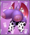  2021 absurd_res animal_print anthro bds_charmeleon big_breasts black_border bodily_fluids border breasts clothing cow_print cowbell english_text female hi_res huge_breasts hyper hyper_breasts lactating legwear metroid mostly_nude nintendo nipples ridley solo text thick_thighs thigh_highs video_games 