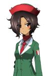  1girl black_hair blazer brown_eyes closed_mouth commentary_request dark_skin dark_skinned_female dress_shirt emblem eyebrows_visible_through_hair eyes_visible_through_hair girls_und_panzer green_jacket grey_shirt hair_over_one_eye jacket kayabakoro long_sleeves looking_at_viewer low_ponytail medium_hair necktie original red_headwear red_neckwear red_shirt shirt simple_background smile solo turtleneck upper_body white_background wing_collar 