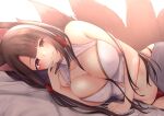  1girl akagi_(azur_lane) animal_ears azur_lane bangs bare_arms bare_shoulders bed_sheet blunt_bangs breast_squeeze breasts brown_hair cleavage closed_mouth cropped_shirt eyebrows_visible_through_hair eyeshadow fox_ears fox_girl fox_tail hair_tubes highres hime_cut large_breasts light_blush looking_at_viewer lying makeup midriff miyagi_ratona multiple_tails navel on_bed on_side panties red_eyes red_eyeshadow red_panties shirt sidelocks smile solo tail underwear white_shirt 
