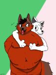  2021 3:4 abdominal_bulge ambiguous_gender anthro belly big_belly big_breasts black_eyebrows black_eyes black_hair black_nose black_text breasts brown_body brown_eyes brown_fur canid canine canis certhioid digital_media_(artwork) digital_painting_(artwork) domestic_dog duo ears_up eyebags eyebrows eyewear fur glasses gradient_background hair hand_on_breast hand_on_chest hi_res hug hyper hyper_belly inflation intersex intersex/intersex male male/male mammal multicolored_body nipples nude nude_male obese obese_anthro obese_male open_mouth overweight overweight_anthro overweight_intersex overweight_male phantho_(character) raised_eyebrow red_body red_fur simple_background skylar_(character) smile teeth text thick_thighs tongue tongue_out watermark white_body white_fur wren 