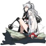  1girl animal_ears arknights arrow_(projectile) bangs bare_legs black_footwear black_hair black_shorts bow_(weapon) breasts cat_ears closed_mouth commentary crop_top crossbow eyebrows_visible_through_hair full_body holding holding_arrow holding_bow_(weapon) holding_weapon hood hooded_jacket jacket log long_hair looking_at_viewer medium_breasts multicolored_hair open_clothes open_jacket orange_eyes parted_bangs partially_colored ponytail schwarz_(arknights) see-through short_shorts shorts silver_hair simple_background sitting sitting_on_log solo tdc24 thighs two-tone_hair weapon white_background white_jacket 