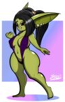  agogo big_breasts big_butt big_ears black_hair breasts butt clothing ear_piercing female freckles goblin green_body green_skin hair hi_res humanoid long_hair not_furry piercing pigtails red_eyes short_stack solo swimwear thick_thighs third wide_hips 