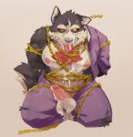  anthro balls black_body black_fur black_sclera bodily_fluids bottomwear canid canine canis chain clothed clothing cum cum_drip cum_on_balls cum_on_body cum_on_chest cum_on_face cum_on_penis domestic_dog dripping fur garmr genital_fluids genitals hands_behind_back heckded humanoid_genitalia humanoid_penis kneeling male mammal nipples pants partially_clothed pecs penis purple_bottomwear purple_clothing purple_pants purple_shirt purple_topwear shirt simple_background solo sweat sweatdrop teeth tokyo_afterschool_summoners tongue tongue_out topwear torn_clothing video_games yellow_eyes 
