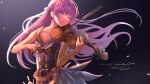  1girl arms_up bare_arms braid commission commissioner_upload dress eposhim feathers fire_emblem fire_emblem:_the_binding_blade fire_emblem_heroes french_braid hair_blowing head_tilt highres instrument long_hair music purple_eyes purple_hair sad skeb_commission sleeveless sleeveless_dress sophia_(fire_emblem) very_long_hair violin violin_bow 