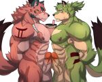  5:4 abs anthro balls blush bodily_fluids canid canine canis duo erection fur genitals green_body green_eyes green_fur hands-free_bubble_tea hands_behind_back hi_res humanoid_genitalia humanoid_penis male male/male mammal meme moji mono_g muscular muscular_anthro muscular_male nipples nude pecs penis red_body red_fur simple_background sweat tattoo touching_penis vein veiny_penis white_background wolf 
