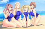  4girls between_legs blonde_hair blue_eyes blue_swimsuit breasts cleavage competition_swimsuit full_body gambier_bay_(kantai_collection) grey_eyes hand_between_legs highleg highleg_swimsuit highres hornet_(kantai_collection) impossible_clothes impossible_swimsuit intrepid_(kantai_collection) kantai_collection large_breasts long_hair montemasa multiple_girls one-piece_swimsuit ponytail saratoga_(kantai_collection) seiza sitting smokestack_hair_ornament swimsuit twintails 