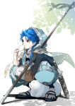  1boy 1other animal baozi blue_hair braid braided_ponytail capelet cu_chulainn_(fate)_(all) dagger dated dog eating fate/grand_order fate/grand_order_arcade fate_(series) food full_body highres holding hood hood_up hooded_capelet leaf long_hair male_focus pants puffy_pants puppy red_eyes sandals scabbard setanta_(fate) sheath signature slit_pupils spiked_hair squatting staff toumei328 type-moon weapon 