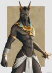  ankh anubian_jackal bandage bottomwear bulge canid canine canis cierras clothing egyptian_mythology green_eyes hair headdress hi_res jackal loincloth male mammal middle_eastern_mythology mythology simple_background solo standing 