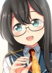  1girl aqua_eyes black_hair blush chopsticks collared_shirt eyebrows_visible_through_hair food glasses hairband highres kantai_collection long_hair looking_at_viewer necktie ooyodo_(kantai_collection) open_mouth red_neckwear school_uniform semi-rimless_eyewear serafuku shirt smile solo tempura under-rim_eyewear yasume_yukito 