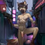  2019 5_fingers anthro balls biped black_nose brown_body brown_fur brown_hair building canid canine canis circumcised city city_background cityscape corvus_(artist) detailed_background digital_media_(artwork) dipstick_tail eyebrows fingers flaccid fluffy fluffy_tail fur genitals girly green_eyes gun hair hi_res holding_gun holding_object holding_weapon humanoid_genitalia humanoid_penis mac-10 male mammal matthew_(articwuff) multicolored_body multicolored_tail nipples nude outside penis ranged_weapon solo tan_body tan_fur two_tone_body weapon wolf 