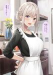  1girl :d apron azuki_yui black_sweater blush braid breasts commentary_request counter earrings eyebrows_visible_through_hair flower french_braid hair_bun hair_ornament hairclip hand_on_hip highres indoors jewelry kitchen large_breasts mature open_mouth original platinum_blonde_hair sidelocks sink smile sweater translation_request white_apron 