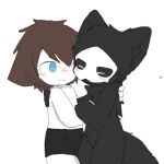  1:1 ambiguous_gender anthro black_body black_fur blue_eyes blush bottomwear brown_hair bulge canid canine canis changed_(video_game) chano clothing duo eyes_closed fur hair hand_holding hand_on_back hug human interspecies lin_(changed) male male/ambiguous mammal puro_(changed) shorts simple_background white_background white_body wolf 