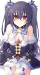  1girl bare_shoulders bimmy black_hair blush breasts cleavage detached_sleeves dress eyebrows_visible_through_hair frilled_dress frilled_sleeves frills hair_between_eyes hair_ribbon highres long_hair looking_at_viewer medium_breasts neptune_(series) noire red_eyes ribbon sitting solo twintails 