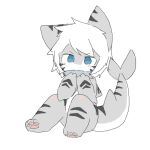  1:1 ambiguous_gender anthro blue_eyes blush changed_(video_game) chano eating fin fish food grey_body hair marine pawpads paws shark shark_tail simple_background sitting solo stripes the_shark_(changed) white_background white_body white_hair 
