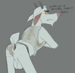  anthro anus balls bovid butt caprine clothed clothing clothing_aside concupisco dialogue fur genitals goat grey_background horn looking_back male mammal partially_clothed presenting presenting_hindquarters rear_view simple_background solo underwear underwear_aside white_balls white_body white_fur 