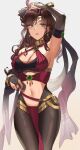  1girl absurdres armpits bangs bare_shoulders black_legwear blush bracelet breasts bridal_gauntlets brown_hair circlet cleavage criss-cross_halter detached_sleeves dorothea_arnault earrings fire_emblem fire_emblem:_three_houses fire_emblem_heroes green_eyes halterneck highres jewelry large_breasts long_hair looking_at_viewer navel ormille pantyhose parted_lips pelvic_curtain pendant sash simple_background white_background 