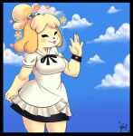  animal_crossing anthro big_breasts breasts canid canine canis clothed clothing cloud domestic_dog dress eyes_closed female hi_res isabelle_(animal_crossing) mammal nintendo panthera_cantus ribbons smile solo tongue tongue_out uwu video_games wristband 