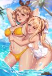  2girls ;d aqua_eyes arms_behind_head artist_name ass atelier_(series) atelier_ryza bangs bare_legs bikini blonde_hair blush bow braid breasts brown_eyes brown_hair bulge cleavage commentary day earrings english_commentary exlic futanari hair_bow hair_ornament hairband happy highres hug hug_from_behind jewelry klaudia_valentz large_breasts lips looking_at_viewer multiple_girls navel ocean one-piece_swimsuit one_eye_closed open_mouth palm_tree patreon_username reisalin_stout shiny shiny_skin side-tie_bikini side_braid sky smile string_bikini swimming swimsuit tree water watermark web_address wet 
