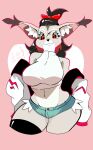  anthro big_breasts black_hair bottomwear bra breasts cloth clothed clothing curvy_figure felid feline female fur grey_body grey_fur hair hi_res hotpants ileomaru lynx mammal navel pantherine red_eyes shorts smile solo sports_bra underwear wide_hips 