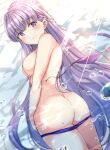  1girl absurdres ass back bikini bikini_bottom bikini_pull bikini_top_removed blue_bikini blush braid breasts commission commissioner_upload embarrassed fire_emblem fire_emblem:_the_binding_blade fire_emblem_heroes highres large_breasts long_hair looking_at_viewer looking_back nipples purple_eyes purple_hair shiitake_taishi skeb_commission solo sophia_(fire_emblem) swimsuit thank_you undressing very_long_hair water 