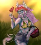  5_fingers absurd_res anthro basket bottomwear bra clothing cssassh detailed_background dragon eyebrows eyewear female fingers flower fluffy_ears fur furred_dragon glasses grass hair hi_res highlights_(coloring) hotpants long_hair midriff navel noxa outside plant scalie shorts signature snout solo sunglasses sunset tendrils underwear wingless_dragon 