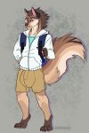  alec_m_ivers anthro backpack big_bulge bottomwear brown_body brown_fur bulge canid canine canis clothing college college_student fur hi_res hoodie huge_bulge male mammal natebooze school shirt shorts shorts_bulge solo t-shirt tan_body tan_fur topwear white_clothing white_hoodie white_topwear wolf 