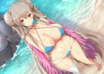  1girl ahoge arms_behind_back ass_visible_through_thighs azur_lane bangs bare_shoulders beach bikini blue_bikini blurry blurry_background blush braid braided_bun breasts choker cleavage closed_mouth collarbone commentary_request criss-cross_halter double_bun dutch_angle eyebrows_visible_through_hair feather_boa formidable_(azur_lane) formidable_(the_lady_of_the_beach)_(azur_lane) grey_hair groin hair_between_eyes halterneck large_breasts long_hair looking_at_viewer midriff minato_yoshihiro multi-strapped_bikini navel ocean official_alternate_costume pink_choker red_eyes rock shadow sidelocks single_thighhigh skindentation solo standing swimsuit thighhighs very_long_hair wet 