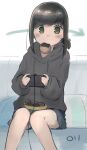  1girl absurdres alternate_costume artist_name black_hair bowl controller couch determined eyebrows_visible_through_hair food_in_mouth fubuki_(kantai_collection) game_controller grey_hoodie gym_shorts highres holding hood hoodie kantai_collection leaning_to_the_side low_ponytail ma_rukan muted_color senbei short_ponytail shorts sidelocks sitting solo throw_pillow yellow_eyes 