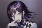  1boy bangs black_hair checkered checkered_scarf commentary_request danganronpa_(series) danganronpa_v3:_killing_harmony eyebrows_visible_through_hair goto_(sep) gradient gradient_background grey_background hair_between_eyes hand_up highres long_sleeves looking_at_viewer male_focus open_mouth ouma_kokichi portrait purple_eyes purple_hair scarf shiny shiny_hair short_hair smile solo upper_body 