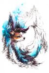  2019 abstract abstract_background anthro black_nose blue_eyes brown_body brown_fur brown_hair canid canine canis domestic_dog elkir evergreen_tree female forest fur hair hi_res lake landscape mammal mohawk mountain multicolored_body multicolored_fur multicolored_hair painting_(artwork) pen_(artwork) pine_tree plant purple_hair river roxadelic simple_background solo splashes traditional_media_(artwork) tree water watercolor_(artwork) white_background white_body white_fur 