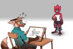 3:2 annoyed anthro avian avio avioylin ball beak bird chair clothing digitigrade drawing drawing_tablet duo enthief feathers furniture humor looking_at_viewer male mammal pencil_(object) procyonid raccoon shirt simple_background sitting smile standing table topwear underwear 