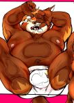  2021 ailurid anthro asakura_kento belly bodily_fluids brown_body brown_fur bulge clothing drooling fur hi_res humanoid_hands kemono male mammal moobs nipples overweight overweight_anthro overweight_male red_panda saliva solo tears underwear 