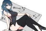  1girl alternate_costume black_dress black_legwear blue_eyes blue_hair blue_nails breasts byleth_(fire_emblem) byleth_(fire_emblem)_(female) china_dress chinese_clothes closed_mouth commentary crossed_legs dress earrings fire_emblem fire_emblem:_three_houses grey_background grey_footwear hair_between_eyes hair_ornament hand_on_own_knee high_heels highres ijiro_suika jewelry large_breasts long_hair looking_at_viewer nail_polish sideboob simple_background sitting sleeveless sleeveless_dress smile solo thighhighs thighs twitter_username white_background 