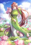  1girl adjusting_hair artist_name axis_powers_hetalia blue_sky breasts brown_hair cloud commentary commission cosplay day doki_doki_literature_club dress english_commentary eyebrows_visible_through_hair flower flower_request full_body green_dress green_eyes hair_ribbon hand_up highres large_breasts long_dress long_hair long_sleeves looking_at_viewer monika_(doki_doki_literature_club) outdoors pants pants_under_dress ponytail potetos7 ribbon sky smile solo very_long_hair vietnam_(hetalia) vietnam_(hetalia)_(cosplay) vietnamese_dress wading water white_pants white_ribbon 