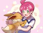  1girl :d blush chloe_(pokemon) collared_dress commentary_request dress eevee eyelashes gen_1_pokemon green_eyes happy highres imminent_hug itsumiruka long_hair open_mouth pink_hair pokemon pokemon_(anime) pokemon_(creature) pokemon_swsh_(anime) school_uniform short_sleeves smile tongue upper_body white_dress 