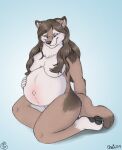  2018 anthro areola belly big_belly big_breasts black_nose black_pawpads breasts brown_hair canid canine canis convenient_censorship digital_media_(artwork) female fur geckoguy123456789 grey_body grey_fur hair hair_covering_breasts hand_on_stomach hi_res jennifer_(geckoguy123456789) kneeling long_hair looking_down mammal navel nude outie_navel pawpads pregnant pregnant_belly pregnant_female smile solo spottedchai wolf 