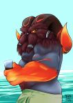  2021 anthro belly bovid butt caprine clothing hi_res humanoid_hands kenobear league_of_legends male mammal moobs nipples ornn_(lol) overweight overweight_anthro overweight_male riot_games solo swimwear video_games water 