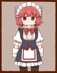  1girl alternate_costume apron bangs black_legwear bow bowtie brown_background closed_mouth cowboy_shot eyebrows_visible_through_hair hair_bow high_collar looking_at_viewer maid maid_headdress poronegi puffy_short_sleeves puffy_sleeves red_bow red_eyes red_hair red_neckwear sekibanki short_hair short_sleeves simple_background solo standing thighhighs touhou waist_apron white_apron white_headdress wrist_cuffs 