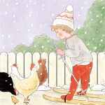  1boy beanie bird blonde_hair blush chicken child fence grey_sweater hat highres long_sleeves original outdoors pants pink_mittens profile red_pants short_hair skis snow snowing solo standing sweater white_headwear yoovora 