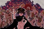  3girls 6+boys afro arm_up arms_up bangs black_cape black_hair blonde_hair braid breasts brown_hair cape checkered checkered_floor checkered_scarf cleavage clenched_hand clown_mask commentary cowboy_shot curry curry_rice danganronpa_(series) danganronpa_v3:_killing_harmony dice_members_(danganronpa) double_v drill_hair fat fat_man food furukawa_(yomawari) hair_between_eyes hand_in_pocket hand_up hat highres holding holding_plate large_breasts long_hair long_sleeves male_focus mask multiple_boys multiple_girls ouma_kokichi pants plate purple_eyes purple_hair red_hair rice scarf short_hair smile straitjacket twin_drills v white_pants 