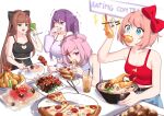  4girls :d alternate_hairstyle bangs bare_arms bare_shoulders black_ribbon blue_eyes blue_nails bow bowl breasts brown_hair bubble_tea casual cellphone chopsticks clothing_cutout collarbone commentary covering_mouth doki_doki_literature_club eating eating_contest eyebrows_visible_through_hair food food_in_mouth fork green_eyes hair_bow hair_ornament hair_ribbon hairclip heart_cutout highres kebab large_breasts long_hair monika_(doki_doki_literature_club) multiple_girls natsuki_(doki_doki_literature_club) noodles one_eye_closed open_mouth phone pink_eyes pink_hair pink_nails pizza plate ponytail potetos7 purple_eyes purple_hair red_bow red_nails ribbon sayori_(doki_doki_literature_club) short_hair sidelocks smartphone smile sparkle sparkling_eyes symbol_commentary tank_top tempura twintails twitter_username very_long_hair wince yuri_(doki_doki_literature_club) 