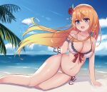  1girl aoman_de_cangshu bangs bare_shoulders bikini bird blue_eyes blush breasts cleavage cloud collarbone eyebrows_visible_through_hair flower hair_between_eyes hair_flower hair_ornament hand_on_own_chest hand_up highres large_breasts long_hair lying navel ocean open_mouth orange_hair palm_leaf pecorine_(princess_connect!) princess_connect! princess_connect!_re:dive red_ribbon ribbon rose sky solo swimsuit upper_body water wristband 