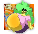  anthro arthropod bee beeverly_bee burping clothing female green_hair hair hymenopteran insect solo torn_clothing weight_gain yellow_body 